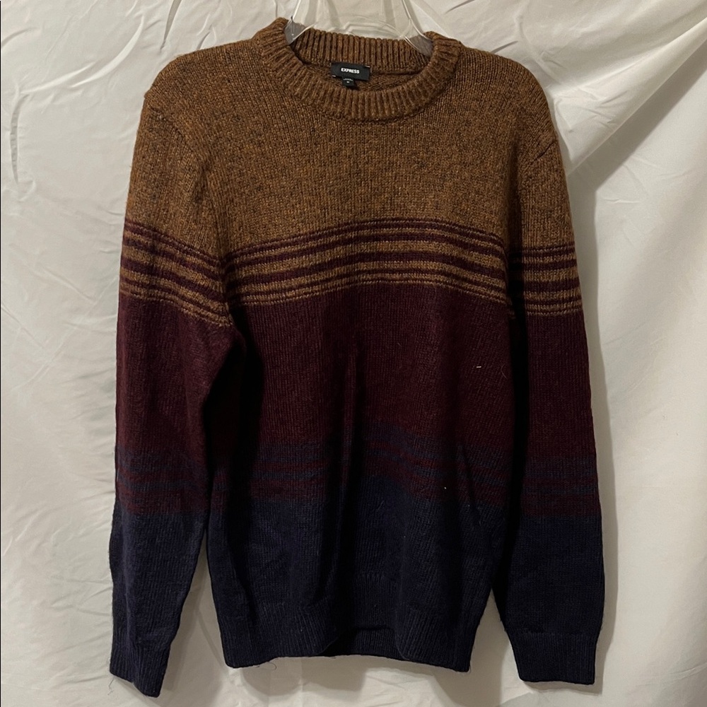 Express Men's Brown and Navy Crewneck Sweater